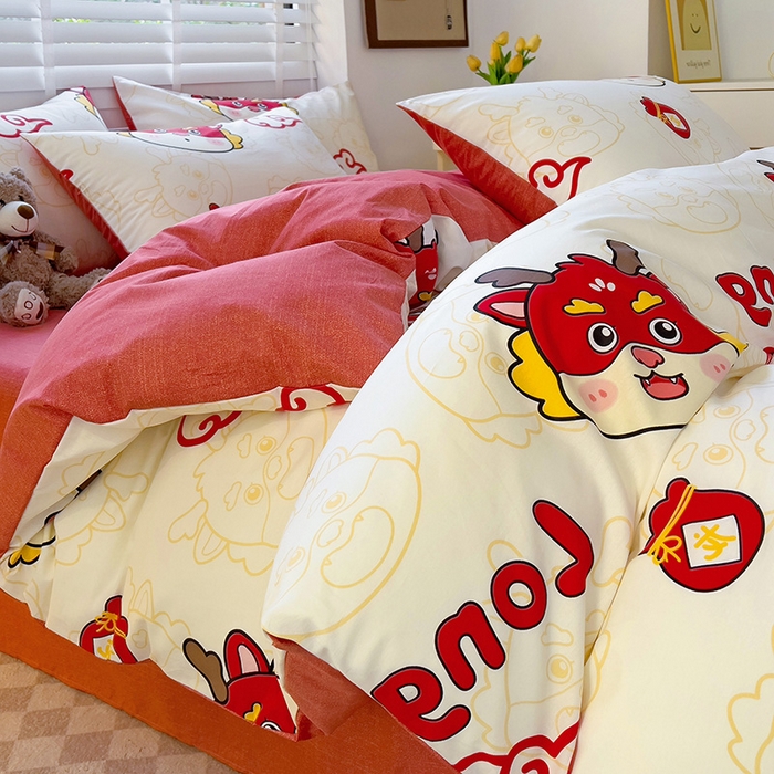 91家纺网 家纺一手货源 找家纺 西引力 2024新款全棉卡通印花单被套 开运龙 白