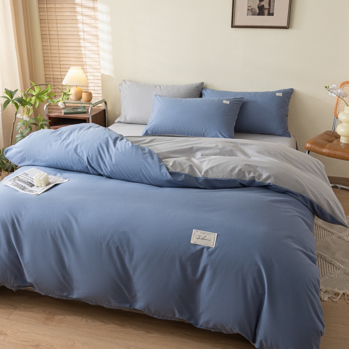 91家纺网 家纺一手货源 找家纺 ab家纺 2024新款40支全棉水洗棉双拼四件套 宾利蓝浅灰