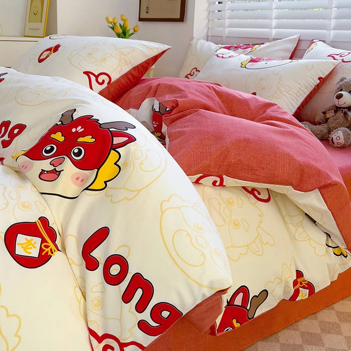 91家纺网 家纺一手货源 找家纺 西引力 2024新款全棉卡通印花单被套 开运龙 白