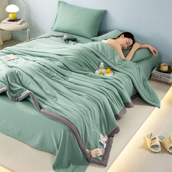 91家纺网 家纺一手货源 找家纺 森林人 2024新款A类水洗棉大豆纤维夏被四件套 薄荷绿