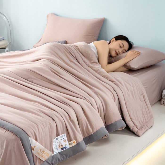 91家纺网 家纺一手货源 找家纺 森林人 2024新款A类水洗棉大豆纤维夏被四件套 卡其