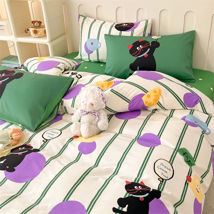 91家纺网 家纺一手货源 找家纺 呗旺鹿  2024新款舒适亲肤全棉40支大平网定位枕萌趣印花卡通四件套 猫咪精灵