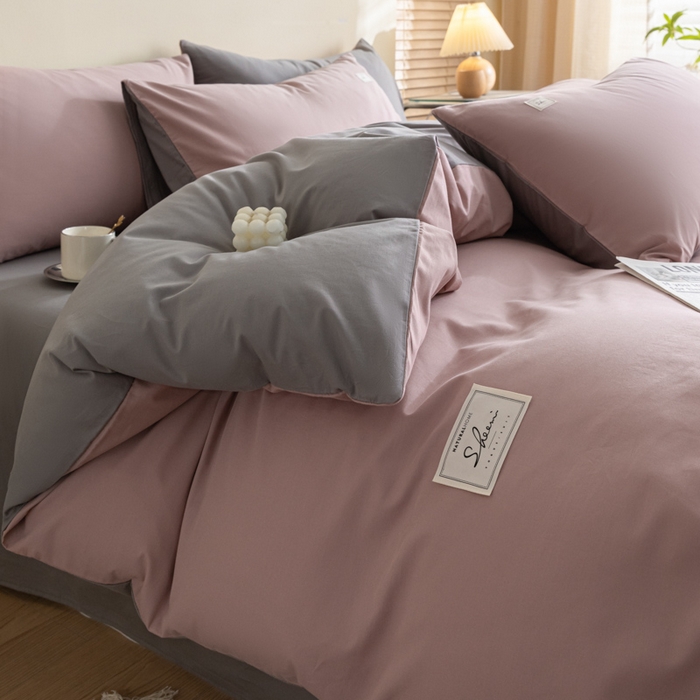 91家纺网 家纺一手货源 找家纺 ab家纺 2024新款40支全棉水洗棉双拼四件套 豆沙深灰