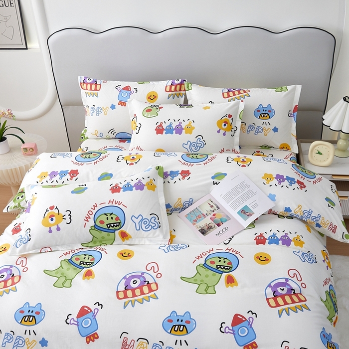 91家纺网 家纺一手货源 找家纺 翎盈家纺 2024新款纯棉喷气印花四件套-第一批 怪兽学院