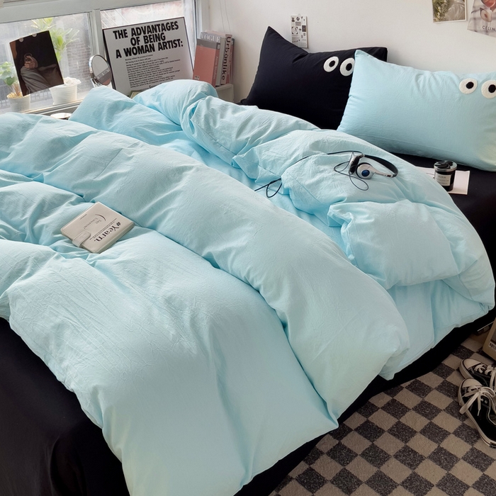 91家纺网 家纺一手货源 找家纺 梦家居 2024新款全棉水洗棉四件套-大眼睛系列 浅蓝+黑