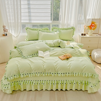 91家纺网 家纺一手货源 找家纺 宜凡家纺  2024新品全棉夹棉双层花边床盖四件套-心情 心情 抹茶绿