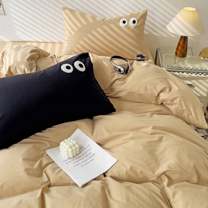 91家纺网 家纺一手货源 找家纺 梦家居 2024新款全棉水洗棉四件套-大眼睛系列 浅咖色