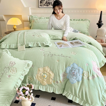 可以家居 2024新款高克重全消光绣花四件套-潘多拉 新芽绿