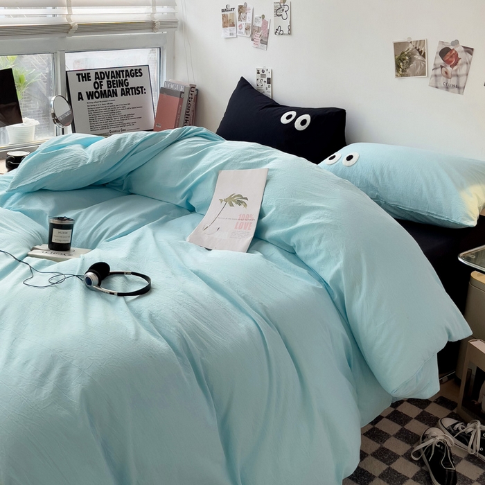 91家纺网 家纺一手货源 找家纺 梦家居 2024新款全棉水洗棉四件套-大眼睛系列 浅蓝+黑