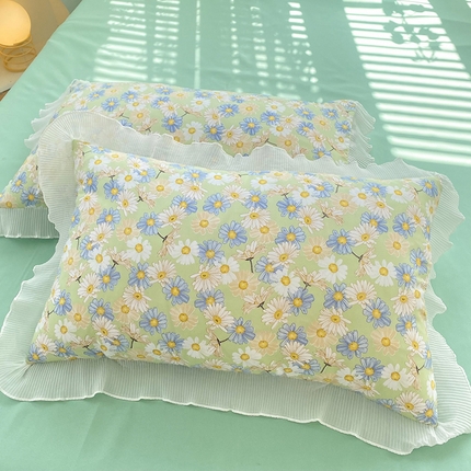 91家纺网 家纺一手货源 找家纺 大米家居 2024新款小雏菊印花海岛棉水洗棉磨毛花边枕套 小雏菊-竹
