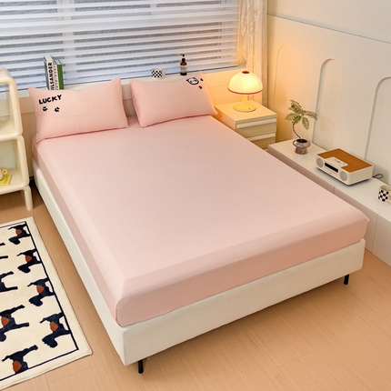 梦嘉居 2024新款直播热款A类ins风多巴胺色超柔亲肤磨毛纯色水洗棉毛巾绣套件-单床笠 幸运熊猫-公主粉