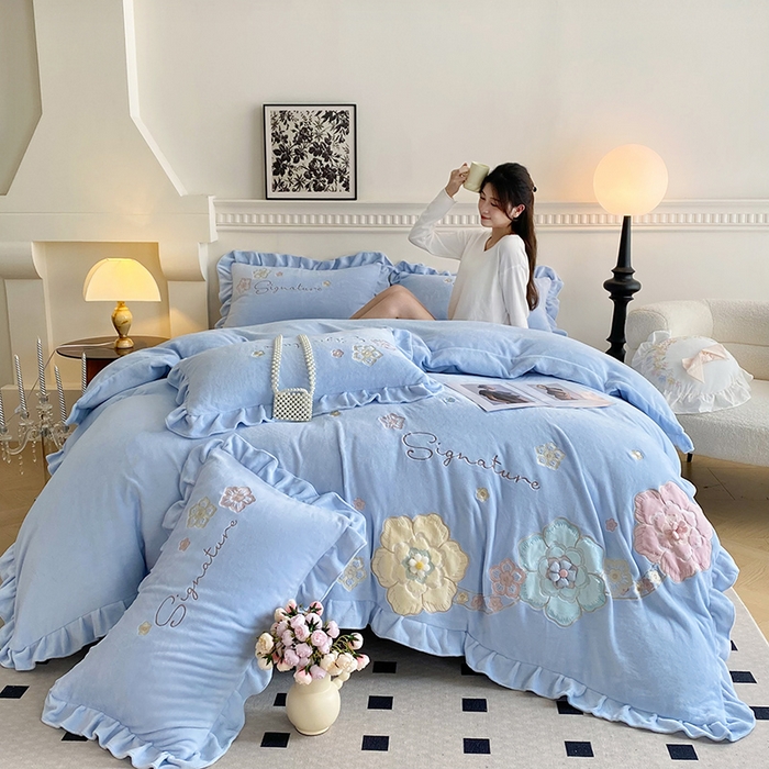 91家纺网 家纺一手货源 找家纺 可以家居 2024新款高克重全消光绣花四件套-潘多拉 梵星蓝