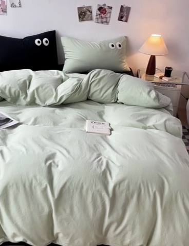 91家纺网 家纺一手货源 找家纺 梦家居 2024新款全棉水洗棉四件套-大眼睛系列 浅绿+黑