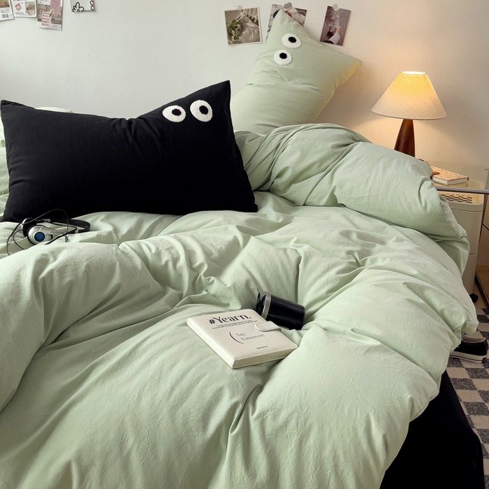 91家纺网 家纺一手货源 找家纺 梦家居 2024新款全棉水洗棉四件套-大眼睛系列 浅绿+黑