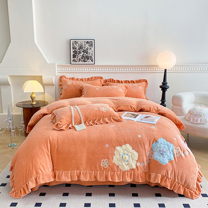 91家纺网 家纺一手货源 找家纺 可以家居 2024新款高克重全消光绣花四件套-潘多拉 爱玛橙