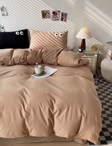 91家纺网 家纺一手货源 找家纺 梦家居 2024新款全棉水洗棉四件套-大眼睛系列 浅咖色