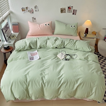 91家纺网 家纺一手货源 找家纺 梦家居 2024新款全棉水洗棉四件套-大眼睛系列 浅绿+浅粉