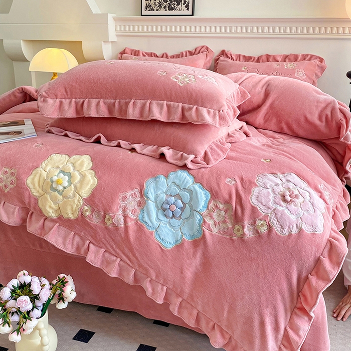 91家纺网 家纺一手货源 找家纺 可以家居 2024新款高克重全消光绣花四件套-潘多拉 豆沙粉