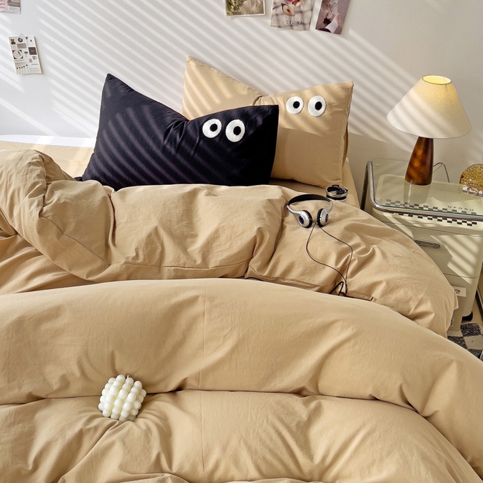 91家纺网 家纺一手货源 找家纺 梦家居 2024新款全棉水洗棉四件套-大眼睛系列 浅咖色