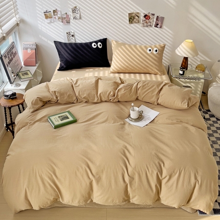 91家纺网 家纺一手货源 找家纺 梦家居 2024新款全棉水洗棉四件套-大眼睛系列 浅咖色