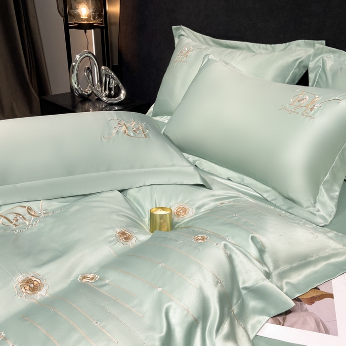 91家纺网 家纺一手货源 找家纺 绒世界 2024新款水洗真丝绣花爱媛四件套 爱媛-薄荷绿