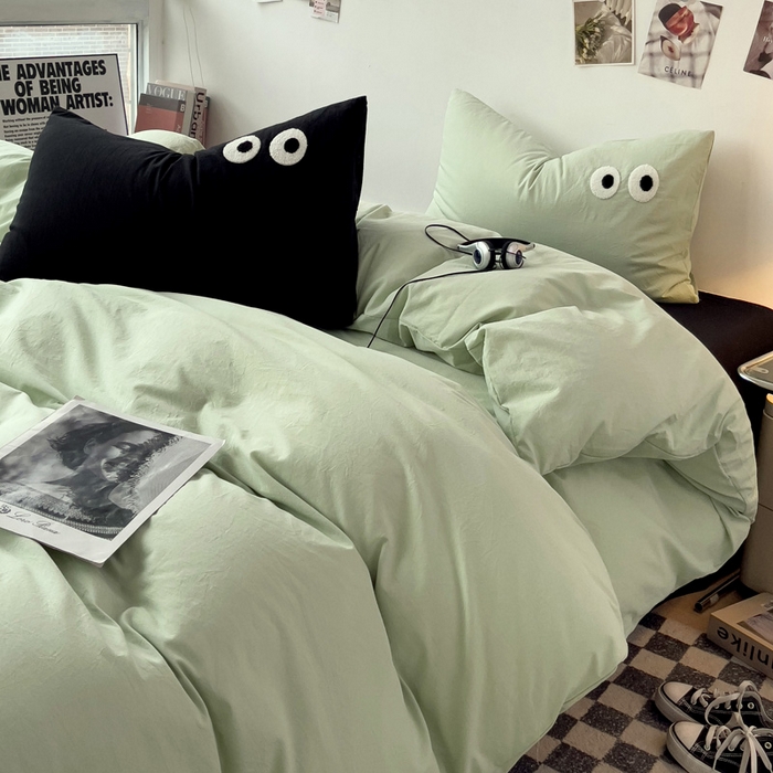 91家纺网 家纺一手货源 找家纺 梦家居 2024新款全棉水洗棉四件套-大眼睛系列 浅绿+黑