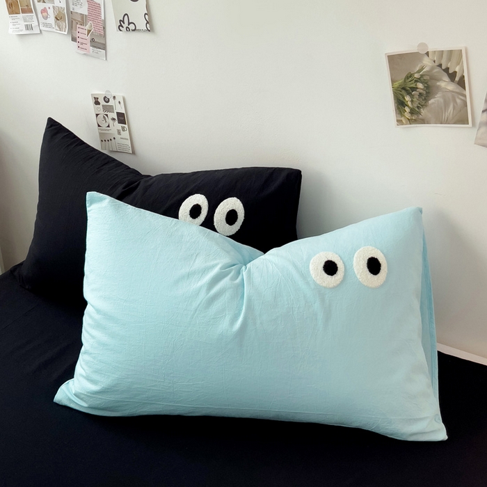 91家纺网 家纺一手货源 找家纺 梦家居 2024新款全棉水洗棉四件套-大眼睛系列 浅蓝+黑