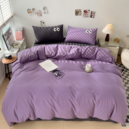 91家纺网 家纺一手货源 找家纺 梦家居 2024新款全棉水洗棉四件套-大眼睛系列 浅紫+深灰