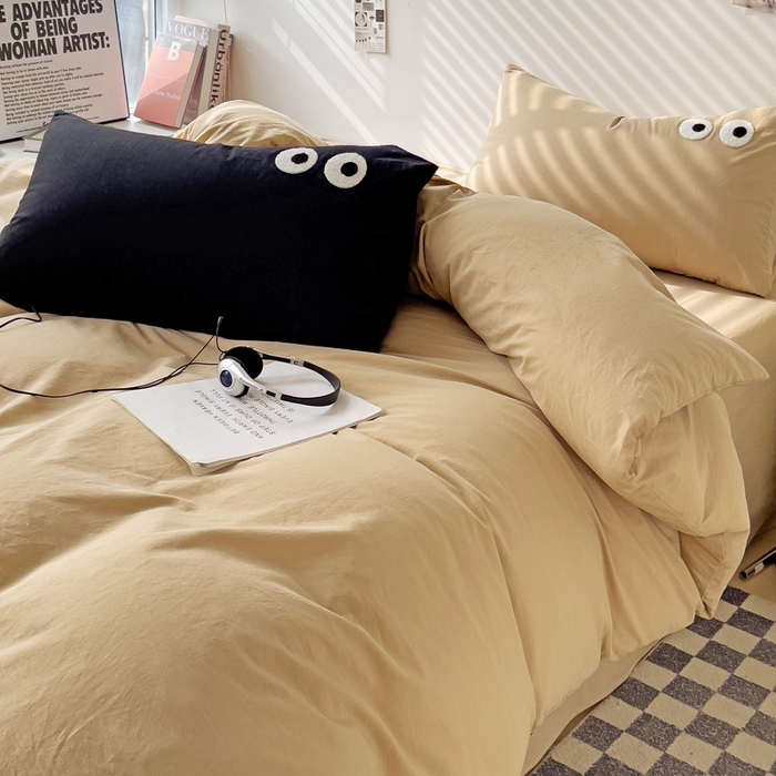 91家纺网 家纺一手货源 找家纺 梦家居 2024新款全棉水洗棉四件套-大眼睛系列 浅咖色