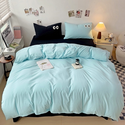 91家纺网 家纺一手货源 找家纺 梦家居 2024新款全棉水洗棉四件套-大眼睛系列 浅蓝+黑