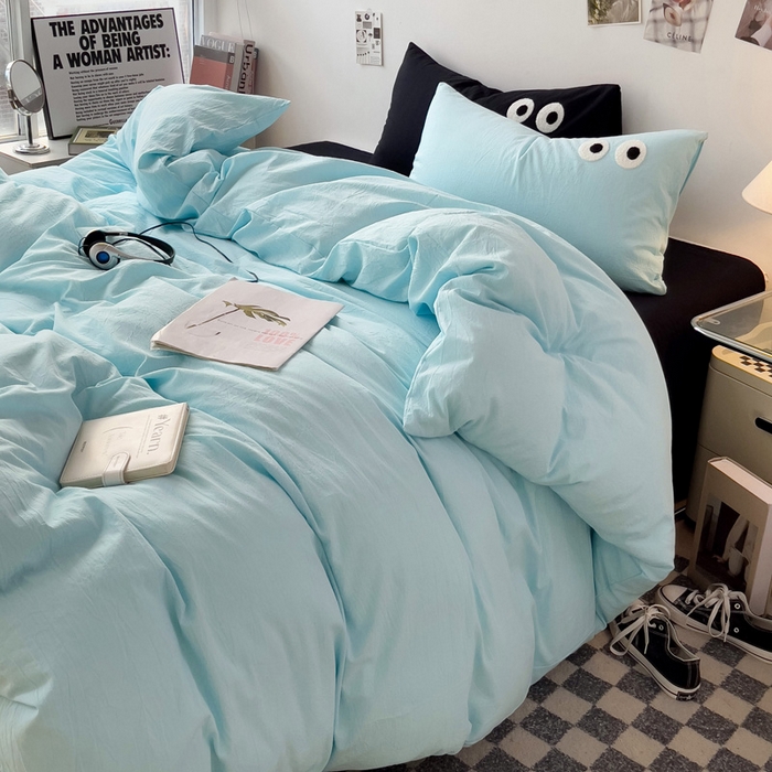 91家纺网 家纺一手货源 找家纺 梦家居 2024新款全棉水洗棉四件套-大眼睛系列 浅蓝+黑