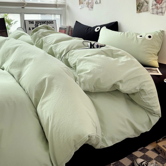 91家纺网 家纺一手货源 找家纺 梦家居 2024新款全棉水洗棉四件套-大眼睛系列 浅绿+黑