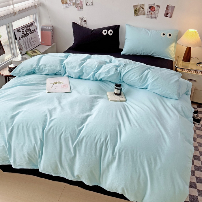 91家纺网 家纺一手货源 找家纺 梦家居 2024新款全棉水洗棉四件套-大眼睛系列 浅蓝+黑