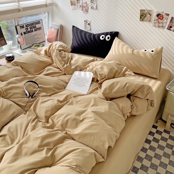 91家纺网 家纺一手货源 找家纺 梦家居 2024新款全棉水洗棉四件套-大眼睛系列 浅咖色