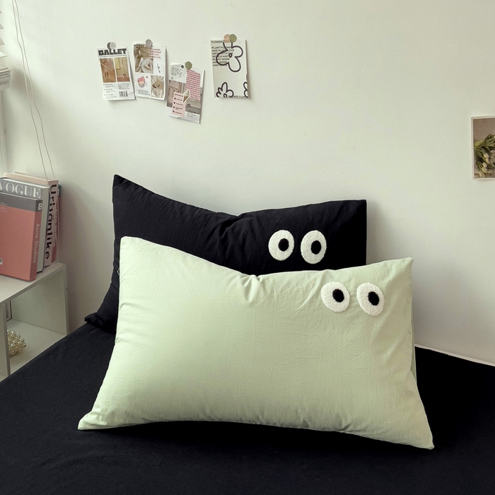 91家纺网 家纺一手货源 找家纺 梦家居 2024新款全棉水洗棉四件套-大眼睛系列 浅绿+黑