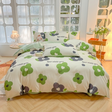 91家纺网 家纺一手货源 找家纺 yyds网供 2024新款水洗棉印花卡通四件套花卉小清新单件被套 绿色心情