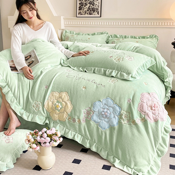 91家纺网 家纺一手货源 找家纺 可以家居 2024新款高克重全消光绣花四件套-潘多拉 新芽绿