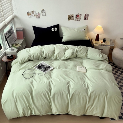 91家纺网 家纺一手货源 找家纺 梦家居 2024新款全棉水洗棉四件套-大眼睛系列 浅绿+黑