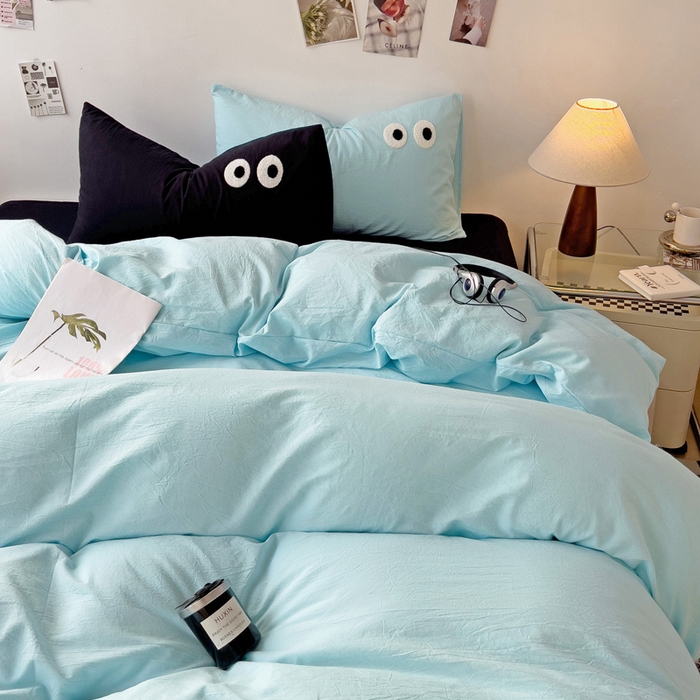 91家纺网 家纺一手货源 找家纺 梦家居 2024新款全棉水洗棉四件套-大眼睛系列 浅蓝+黑