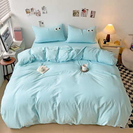 91家纺网 家纺一手货源 找家纺 梦家居 2024新款全棉水洗棉四件套-大眼睛系列 浅蓝色