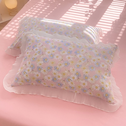 大米家居 2024新款小雏菊印花海岛棉水洗棉磨毛花边枕套 小雏菊-梅