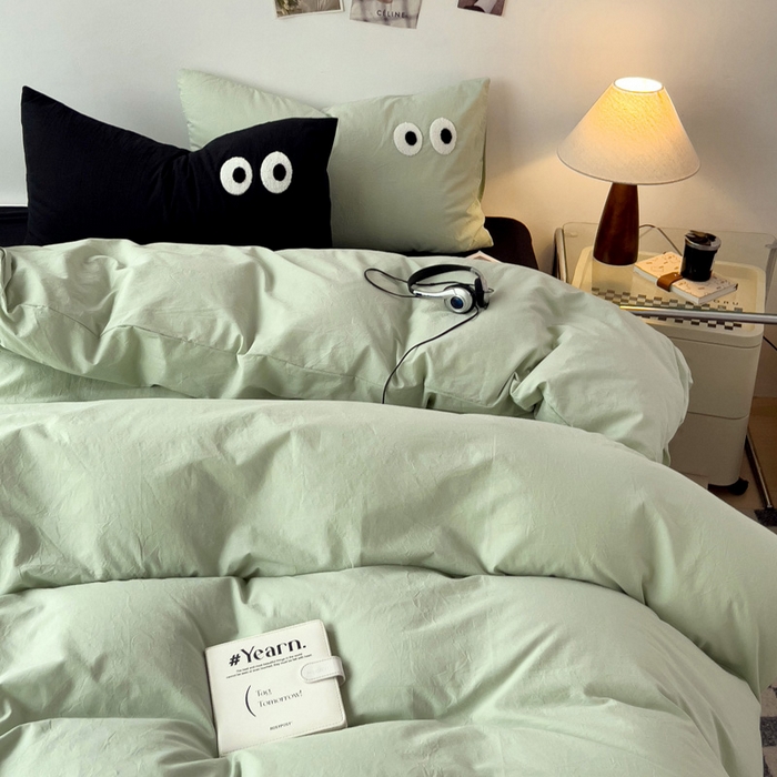 91家纺网 家纺一手货源 找家纺 梦家居 2024新款全棉水洗棉四件套-大眼睛系列 浅绿+黑