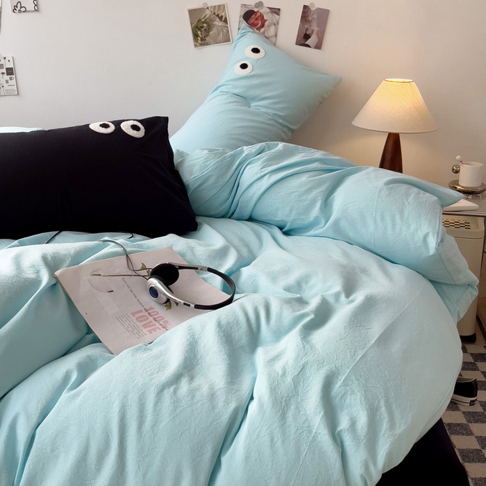 91家纺网 家纺一手货源 找家纺 梦家居 2024新款全棉水洗棉四件套-大眼睛系列 浅蓝+黑