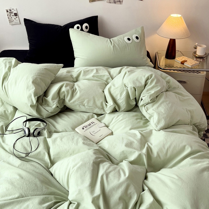 91家纺网 家纺一手货源 找家纺 梦家居 2024新款全棉水洗棉四件套-大眼睛系列 浅绿+黑
