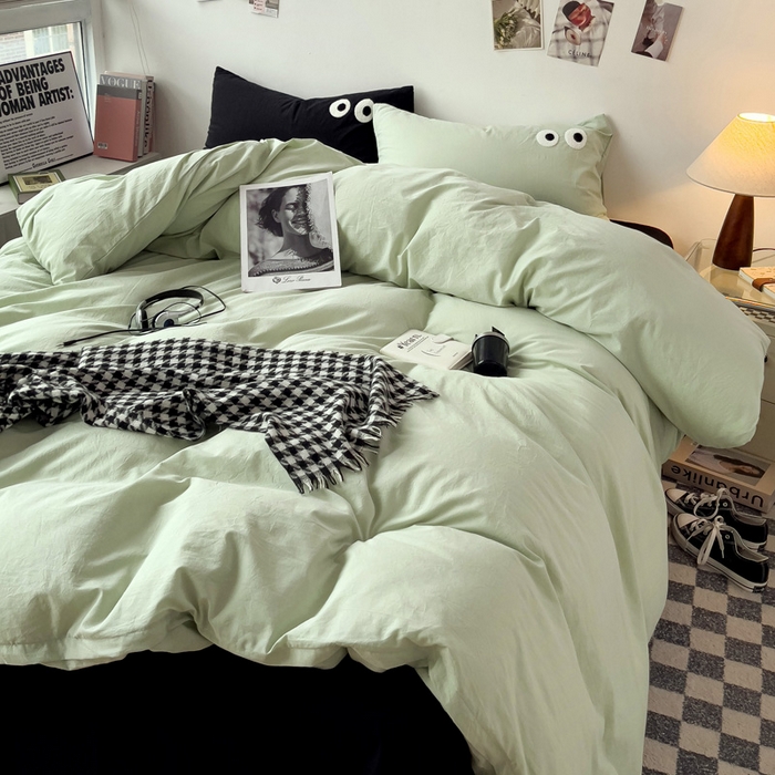 91家纺网 家纺一手货源 找家纺 梦家居 2024新款全棉水洗棉四件套-大眼睛系列 浅绿+黑