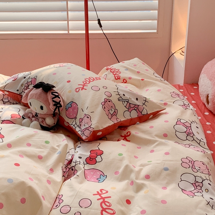 91家纺网 家纺一手货源 找家纺 昔可家纺 2024新款全棉印花四件套 波点凯蒂猫