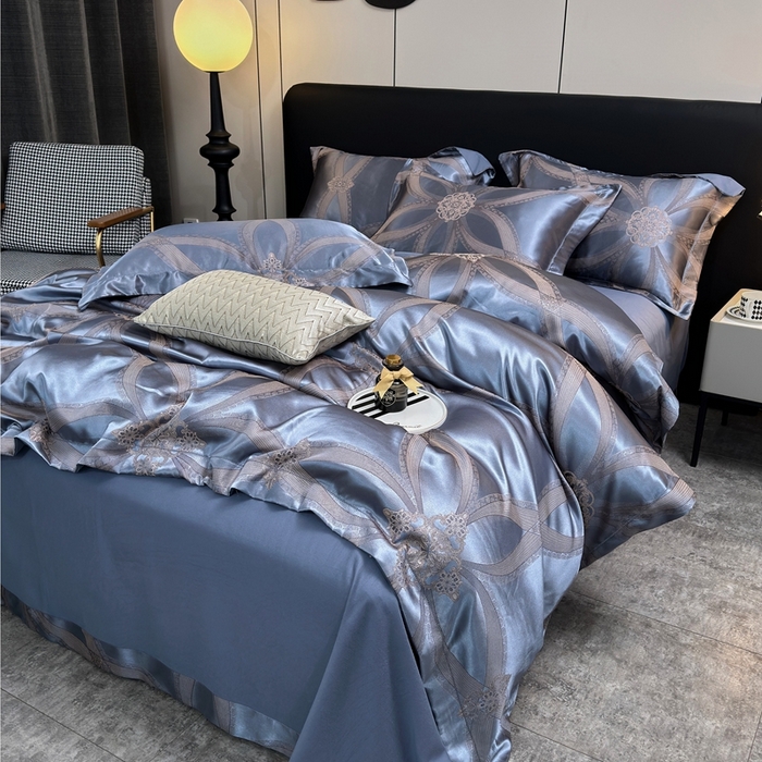 91家纺网 家纺一手货源 找家纺 三沁2024网红直播爆款全棉高精密色织贡缎提花镂空系列四件套 海蓝之谜