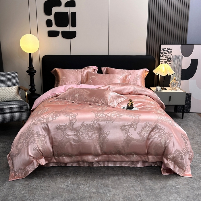 91家纺网 家纺一手货源 找家纺 三沁2024网红直播爆款全棉高精密色织贡缎提花镂空系列四件套 粉黛佳人