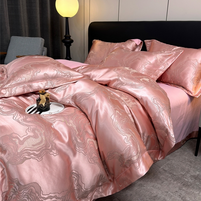 91家纺网 家纺一手货源 找家纺 三沁2024网红直播爆款全棉高精密色织贡缎提花镂空系列四件套 粉黛佳人