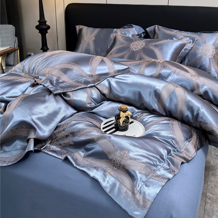 91家纺网 家纺一手货源 找家纺 三沁2024网红直播爆款全棉高精密色织贡缎提花镂空系列四件套 海蓝之谜